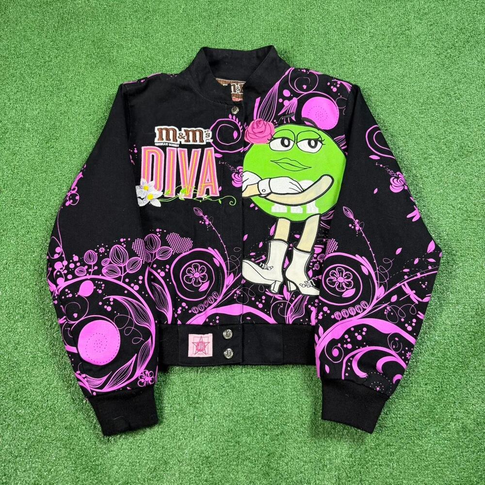M&Ms Jeff Hamilton Racing Jacket Women's Small Y2K Cropped Diva Black Pink
